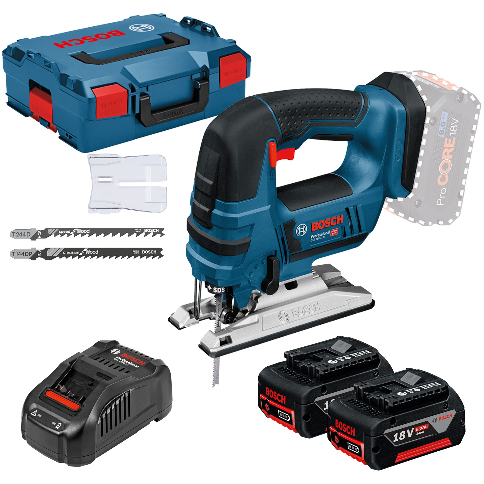 Bosch Akku-Stichsäge GST 18V-LI B / 2x 5,0 Ah Akku + Ladegerät inkl. Zubehör-Set in L-Boxx - 06015A6103