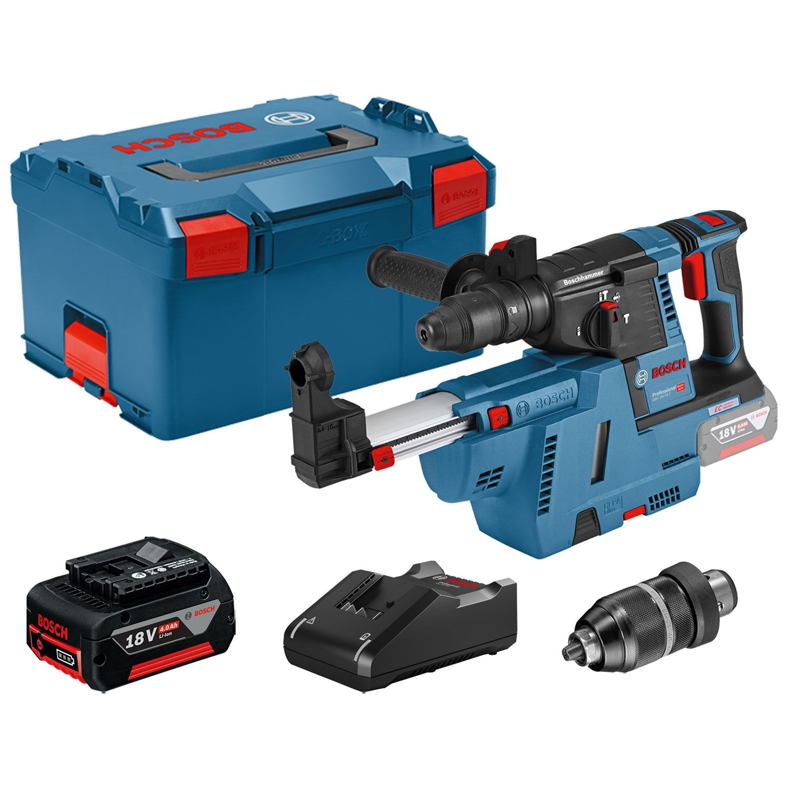 Bosch Akku-Bohrhammer GBH 18V-26 F mit SDS plus 18V / 1x 4,0 Ah Akku + Ladegerät inkl. Zubehör-Set in L-Boxx