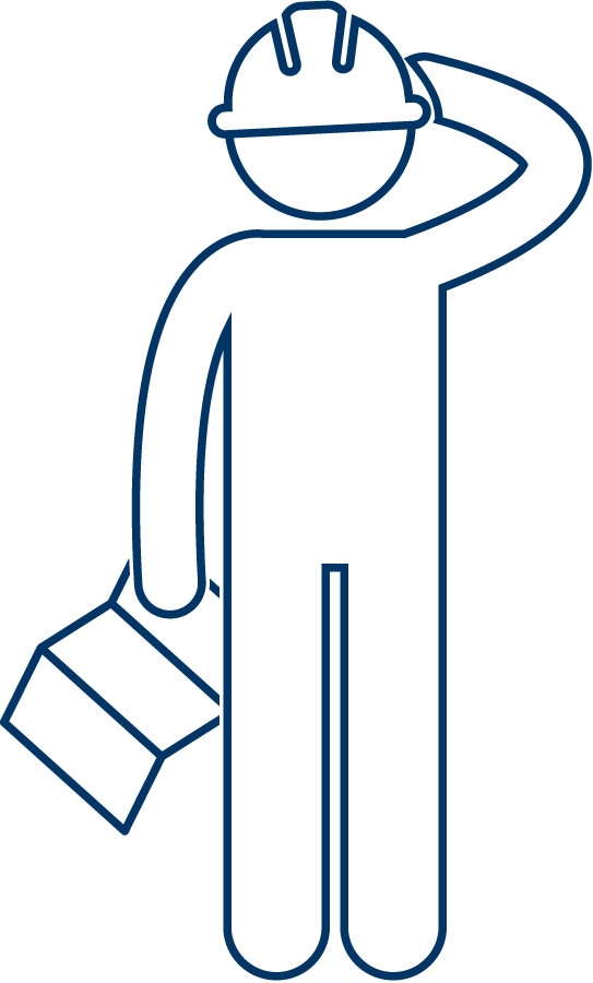 Grafik von ein Handwerker, mit einen Faltplan in seinen rechten Hand der seine Kopf mit dem linken Hand kratzt.