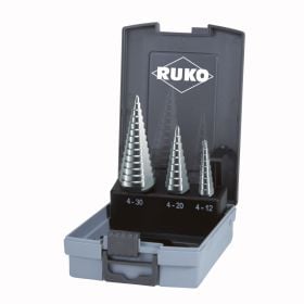 RUKO Stufenbohrer-Satz HSS mit 3 Schneiden in den Größen 0/9, 1, 2 in Kunststoffkassette - 3 tlg. - 101326RO