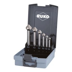 RUKO Kegel- und Entgratsenker-Satz DIN 335 Form C 90° HSS mit langem Zylinderschaft in ABS-Kunststoffkassette - 6 tlg. - 102158RO