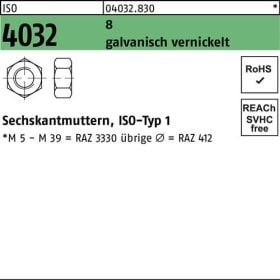 Sechskantmutter ISO 4032 M10 8 galv. vernickelt 500 Stück