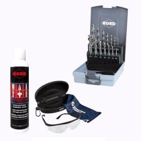 RUKO Maschinengewindebohrer-Satz HSS, Form B M3–M12, inkl. passender Spiralbohrer Typ N 14tlg. inkl. Spray & Schutzbrille - WZS245049RO
