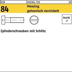 Zylinderschraube DIN 84/ISO 1207 Schlitz M4x20 Messing galv. vernickelt 200St.